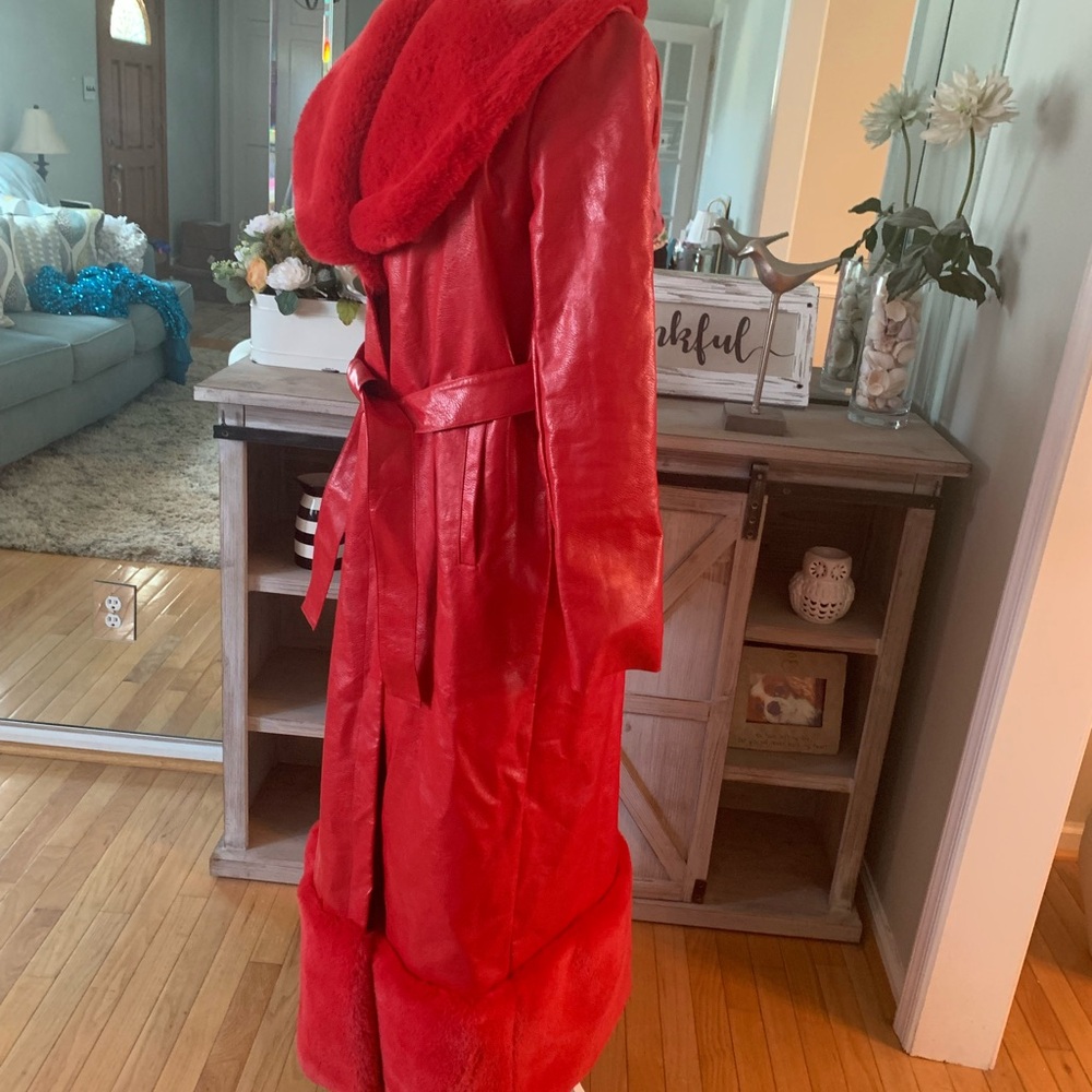 Fashion Nova Red Long Faux Fur Trim Coat - Picture 2 of 10